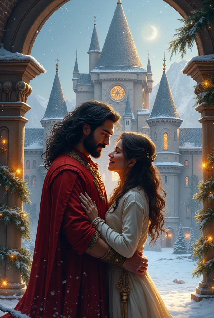 Make a book cover for a destiny map, a man with big hair, inspired by the actor Can Yaman, an interracial couple, Christmas and a castle, fairy tales