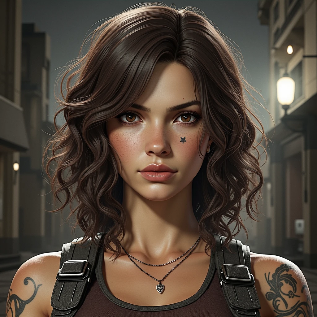 Create the image of a female character of Brazilian origin from Resident Evil 4 remake who has long dark brown curly hair and dark brown eyes and brown skin with a tattoo on her arms and a scar on her left eyebrow Wearing a brown tank top with gloves and black jeans with gun belts