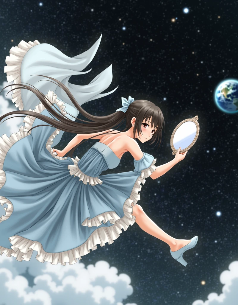anime girl in a blue dress holding a mirror in her hand floating in space with stars, (ponytail forehead hair pulled back:1.3), (black hair:1.3), 1girl, solo, long hair, open mouth, black hair, dress, bow, holding, bare shoulders, brown eyes, ponytail, hair bow, frills, detached sleeves, sky, shoes, cape, white dress, blue bow, forehead, blue footwear, space, planet, earth \(planet\), anime style, from girls frontline, fine details. girls frontline, girls frontline universe, girls frontline style, girls frontline, girls frontline cg, soft anime illustration, 2 0 2 2 anime style, 2022 anime style, pixiv contest winner, pretty anime character design, render of april