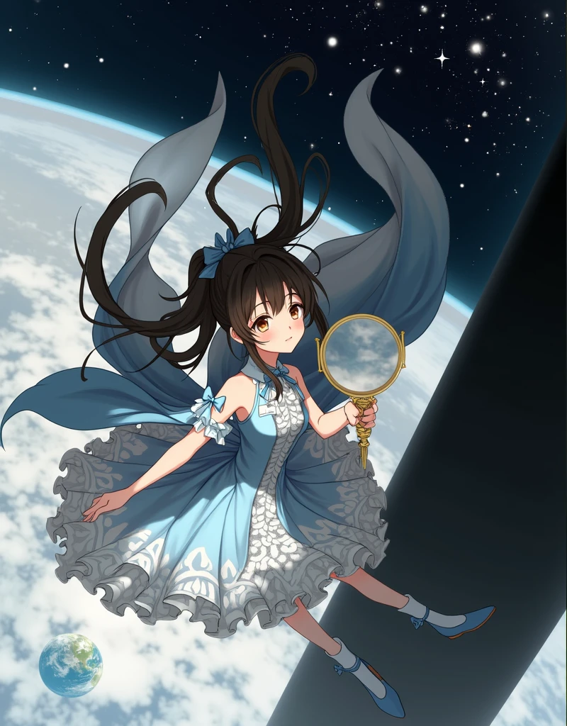 anime girl in a blue dress holding a mirror in her hand floating in space with stars, (ponytail forehead hair pulled back:1.3), (black hair:1.3), 1girl, solo, long hair, open mouth, black hair, dress, bow, holding, bare shoulders, brown eyes, ponytail, hair bow, frills, detached sleeves, sky, shoes, cape, white dress, blue bow, forehead, blue footwear, space, planet, earth \(planet\), anime style, from girls frontline, fine details. girls frontline, girls frontline universe, girls frontline style, girls frontline, girls frontline cg, soft anime illustration, 2 0 2 2 anime style, 2022 anime style, pixiv contest winner, pretty anime character design, render of april
