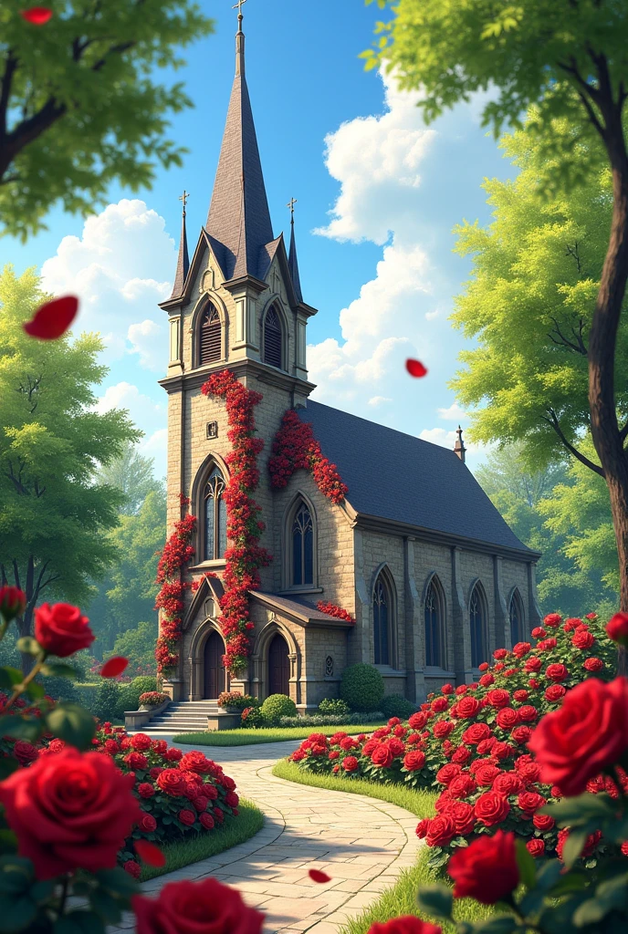 Church surrounded by red roses on a spring day