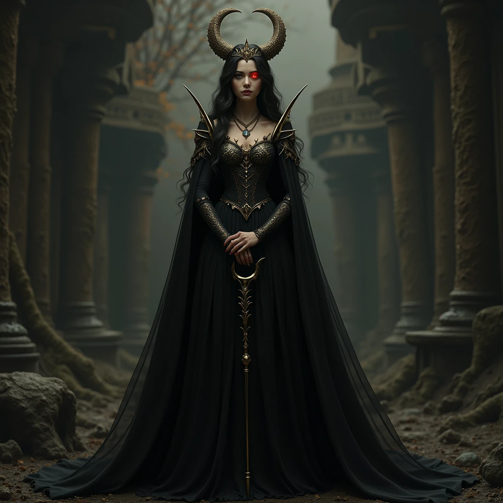 8K, Dark_Fantasy, delicate face, (delicate glass pupil: 1.5), standing full body portrait, black in one eye, red in one eye, Queen Belial, in black longe dress, she have Golden crown and staff