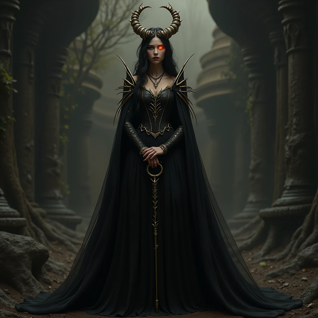8K, Dark_Fantasy, delicate face, (delicate glass pupil: 1.5), standing full body portrait, black in one eye, red in one eye, Queen Belial, in black longe dress, she have Golden crown and staff