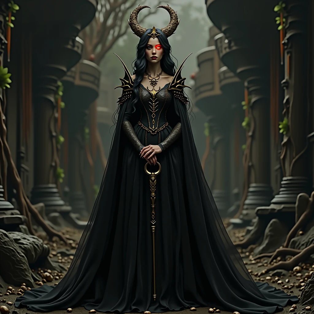 8K, Dark_Fantasy, delicate face, (delicate glass pupil: 1.5), standing full body portrait, black in one eye, red in one eye, Queen Belial, in black longe dress, she have Golden crown and staff