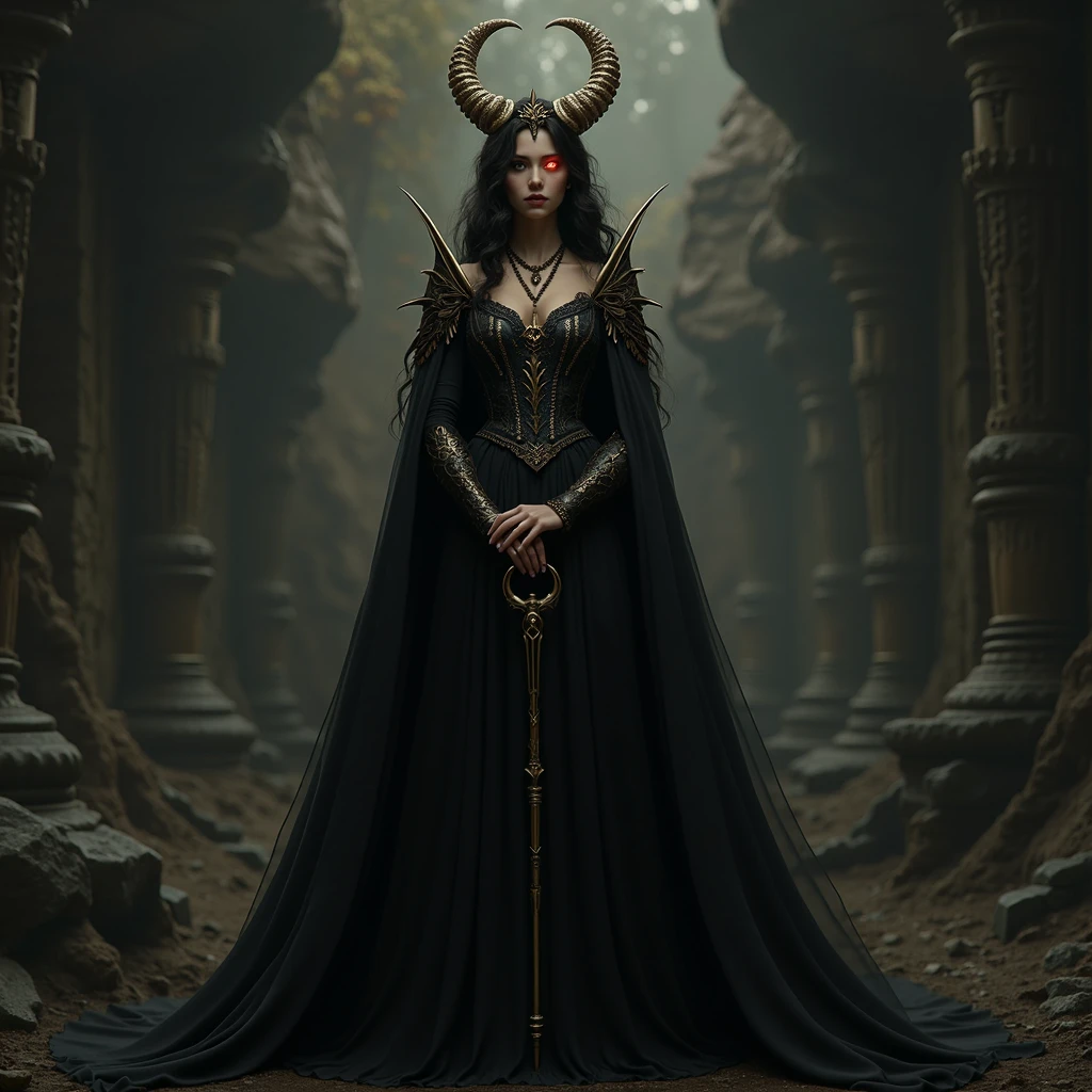 8K, Dark_Fantasy, delicate face, (delicate glass pupil: 1.5), standing full body portrait, black in one eye, red in one eye, Queen Belial, in black longe dress, she have Golden crown and staff