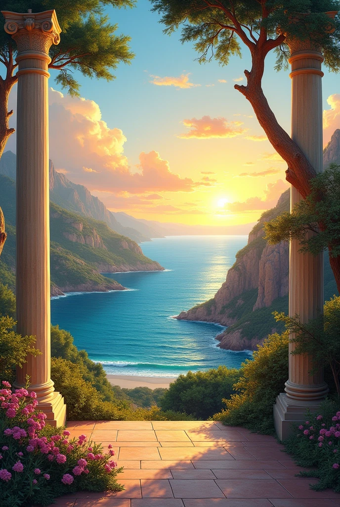 a beautiful painting, roman art style, easy to draw, easy to paint, very nice color harmony, without people, outdoor scenery, like sunsets or ocean views, roman style