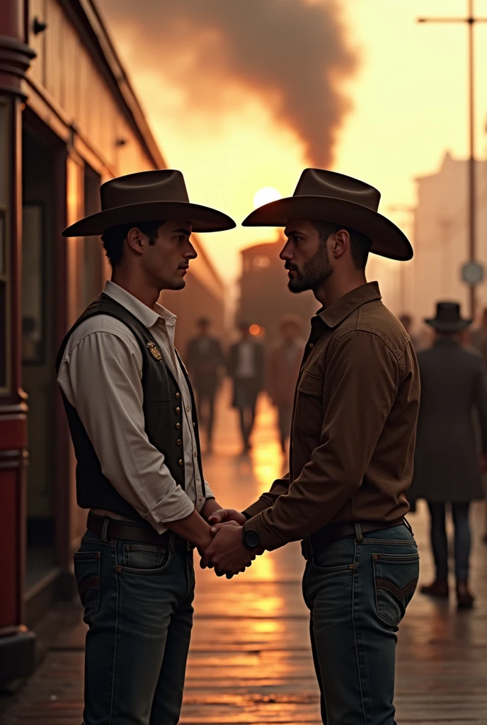 4 handsome men handsome cowboy says goodbye to a cute young 2 handsome friend who is going on a trip on a train at a train stop their boyfriend 
