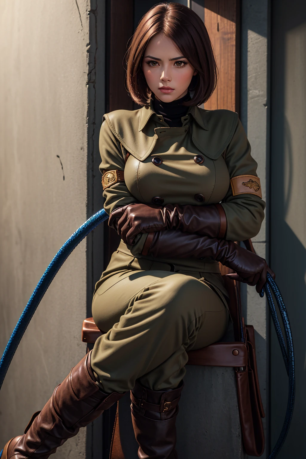 (Best image quality, highest quality, Highest Resolution, Ultra-Realistic Images, Very detailed, masterpiece, 8k), One Woman, Brown medium hair, Khaki military uniform, Leather gloves, Leather boots, ((With a blue whip)), big Breasts, blush, serious look, Dynamic pose, Browsing Caution, half body, perfect face