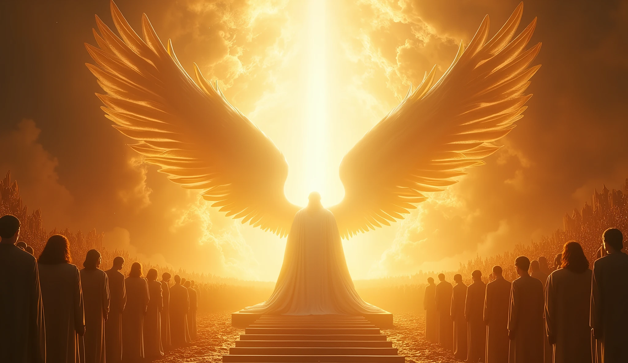 Generate images of God who is gigantic, vast, in a white robe of His firary golden Thrown of light. Cover his face with White light and put him on a large firy gold throne surrounded by 24 elders and angel of Cherubim having 6wings, two wings to covering their feet, two wings to cover their face, and two to fly and Seraphim having 6 wings, and four faces, the face of a man, an eagle, an Bull and a Lion. They are around God's thrown. God is vast, 32K UHD, Style Raw, detailed, masterpiece, realistic, your golden sign written "king of kings , Lord of Lords " Its resplendent light capable of blinding any vision, God doesn't have wings.other thrones with ancient beings on them