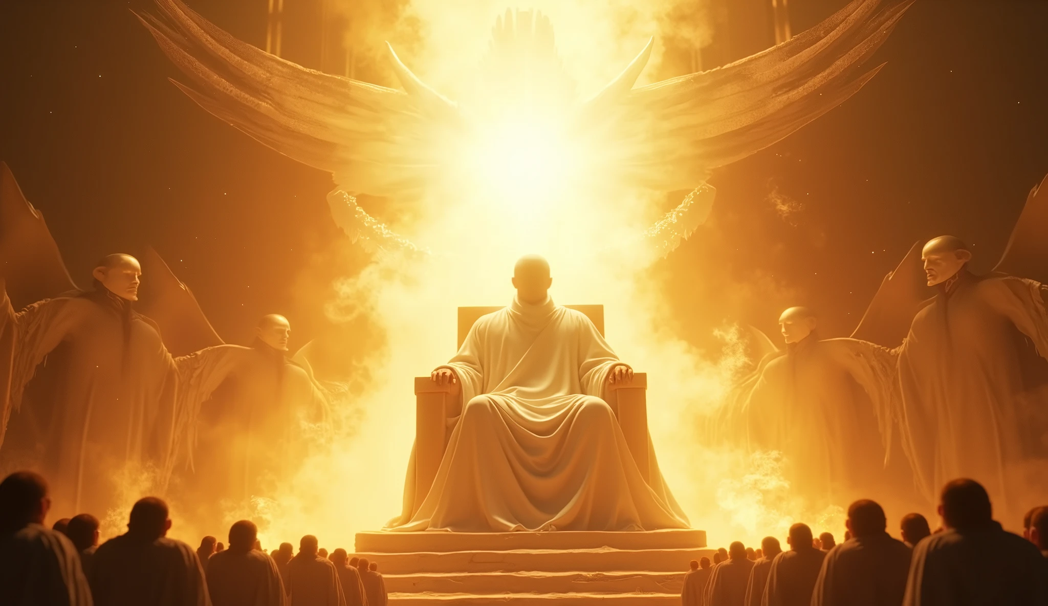 Generate images of God who is gigantic, vast, in a white robe of His firary golden Thrown of light. Cover his face with White light and put him on a large firy gold throne surrounded by 24 elders and angel of Cherubim having 6wings, two wings to covering their feet, two wings to cover their face, and two to fly and Seraphim having 6 wings, and four faces, the face of a man, an eagle, an Bull and a Lion. They are around God's thrown. God is vast, 32K UHD, Style Raw, detailed, masterpiece, realistic, your golden sign written "king of kings , Lord of Lords " Its resplendent light capable of blinding any vision, God doesn't have wings.other thrones with ancient beings on them