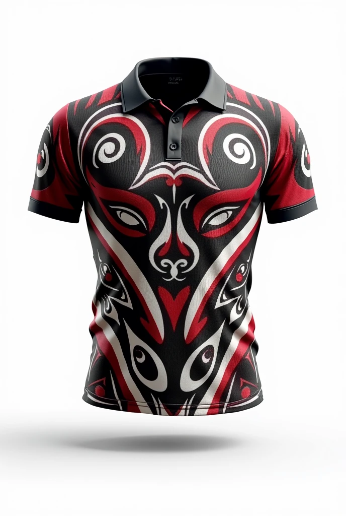 Create rugby jersey maori tribe full pattern black white red retro black / black collar/ white background front and back design side by two side clear design using this design but back side