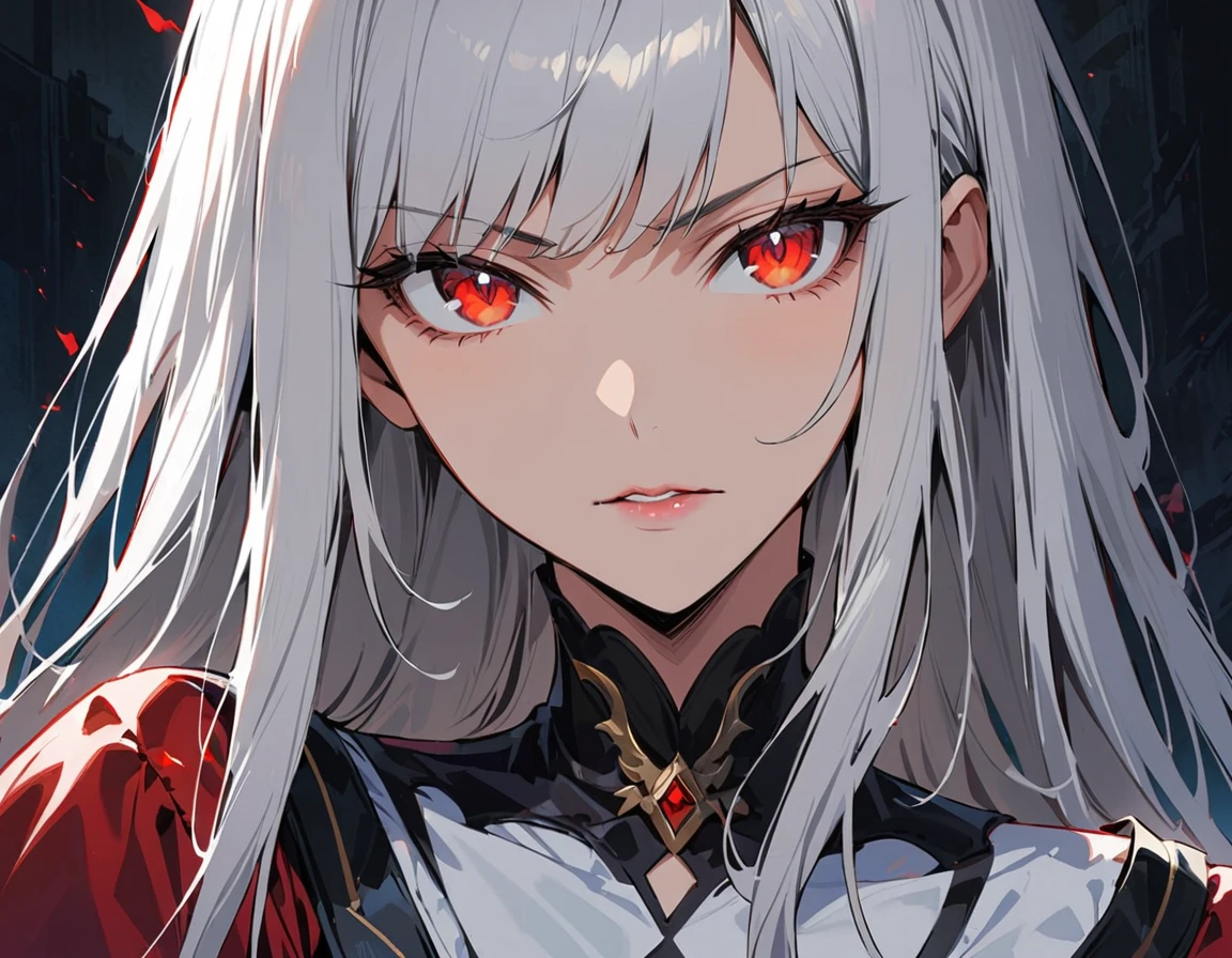 Long white hair, crimson eyes, evil, sexy, black and red clothes, evil face, evil, serious look, gloss lips, sinister, front look, bloody, gloves, close up, portrait, beautiful eyes, short dress, big white, dark place, night, sensual, straight hair cut, clear skin, evil, young 30 years girl, adult girl, solo, red, very long hair, ankle length hair, handsome older WOMAN,crimson-eyes,crimson pupils,Long white hair,Hyperresolution,accuracy,Detailed rendering,(Image of fine hair)(topquality)(Masterpieces of masters)(High degree of completeness)(A sense of atmosphere)tmasterpiece,Super detailed and super detailed(((half-body portrait)))(((Sexy latex outfit))) (((Looking back over her shoulder)))