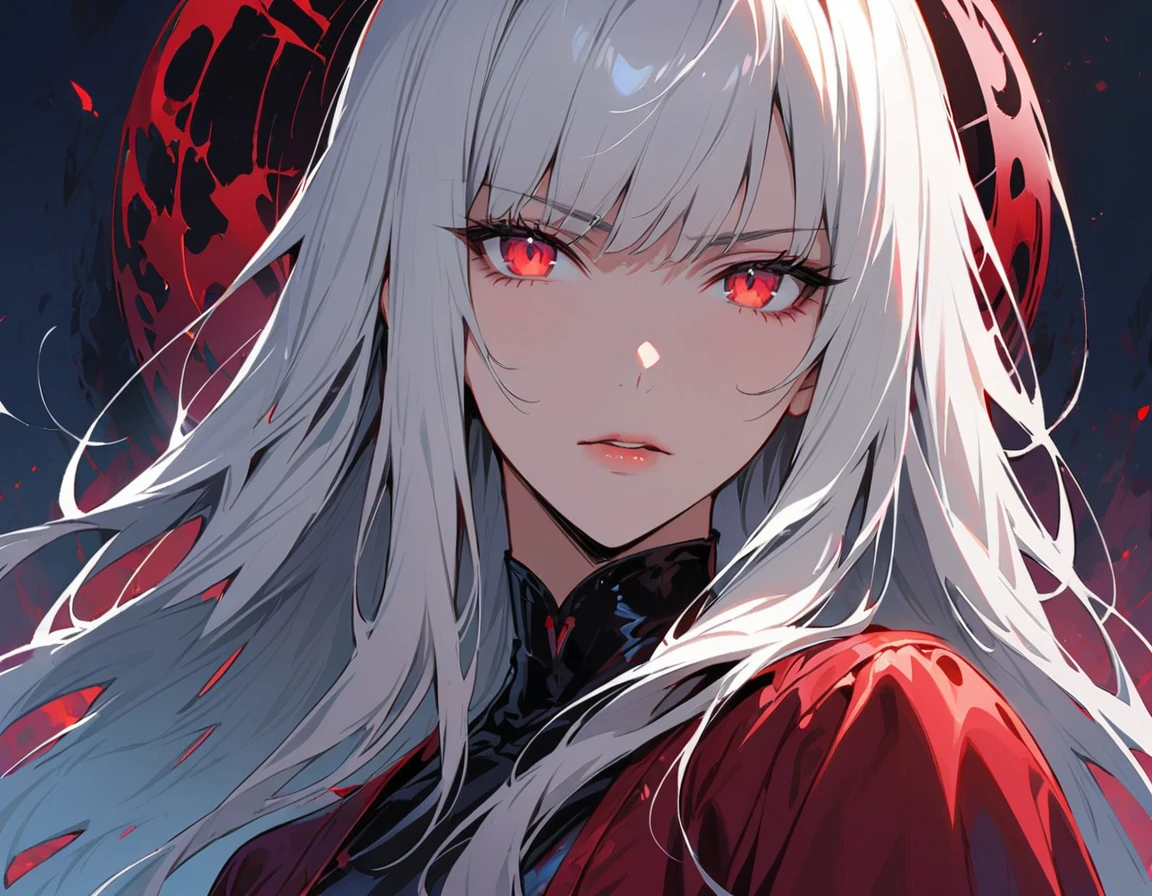 Long white hair, crimson eyes, evil, sexy, black and red clothes, evil face, evil, serious look, gloss lips, sinister, front look, bloody, gloves, close up, portrait, beautiful eyes, short dress, big white, dark place, night, sensual, straight hair cut, clear skin, evil, young 30 years girl, adult girl, solo, red, very long hair, ankle length hair, handsome older WOMAN,crimson-eyes,crimson pupils,Long white hair,Hyperresolution,accuracy,Detailed rendering,(Image of fine hair)(topquality)(Masterpieces of masters)(High degree of completeness)(A sense of atmosphere)tmasterpiece,Super detailed and super detailed(((half-body portrait)))(((Sexy latex outfit))) (((Looking back over her shoulder)))
