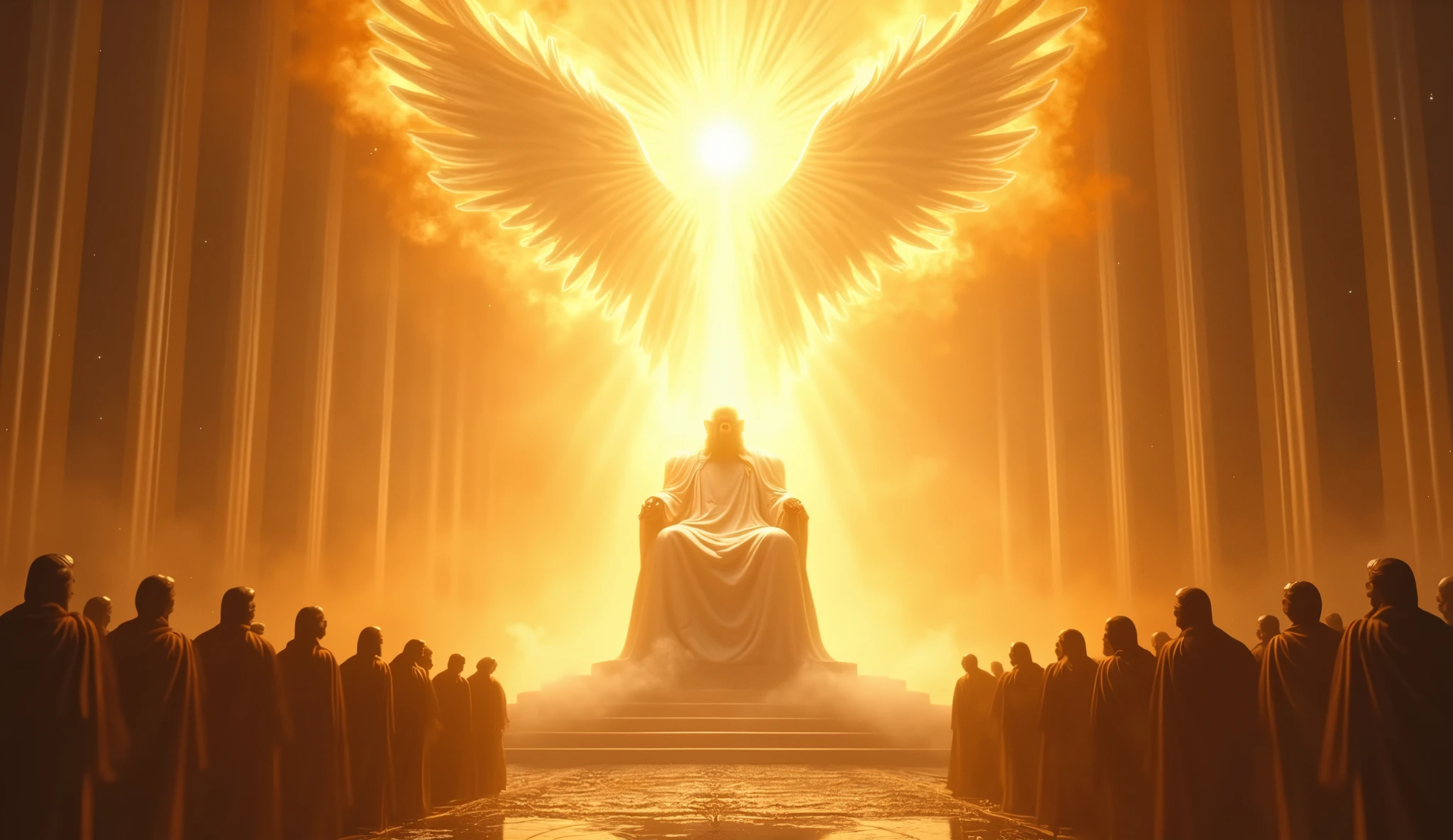 Generate images of God who is gigantic, vast, in a white robe of His firary golden Thrown of light. Cover his face with White light and put him on a large firy gold throne surrounded by 24 elders and angel of Cherubim having 6wings, two wings to covering their feet, two wings to cover their face, and two to fly and Seraphim having 6 wings, and four faces, the face of a man, an eagle, an Bull and a Lion. They are around God's thrown. God is vast, 32K UHD, Style Raw, detailed, masterpiece, realistic, your golden sign written "king of kings , Lord of Lords " Its resplendent light capable of blinding any vision, God doesn't have wings.other thrones with ancient beings on them