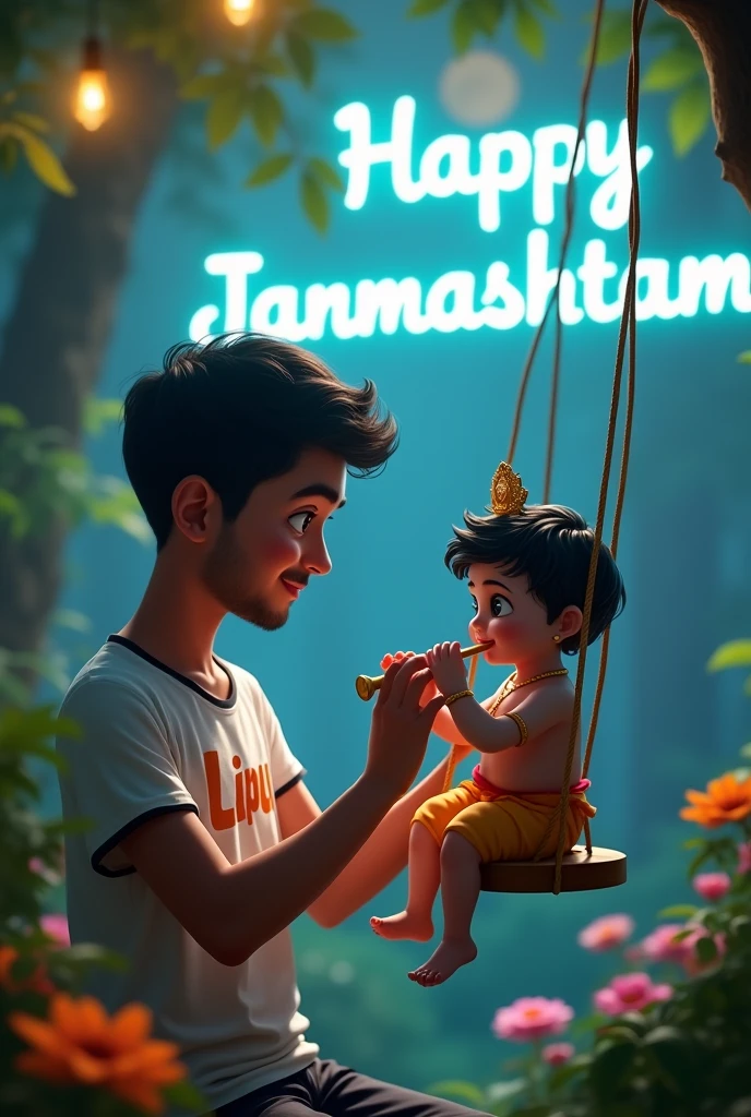 a real 20 year real indian boy is swing with baby Krishna. The boy is playing a flute and the boy is wearing t-shirt with the text “LIPU” is clearly written in boy t-shirt he is holding the swing rope and and boy is smiling and looking at lord Krishna. The scene is set in a beautiful garden with flowers and greenery and “HAPPY JANMASHTAMI” clearly written in neon light in background. The background is blurred and the lighting is soft and cool 8k ultra quality picture