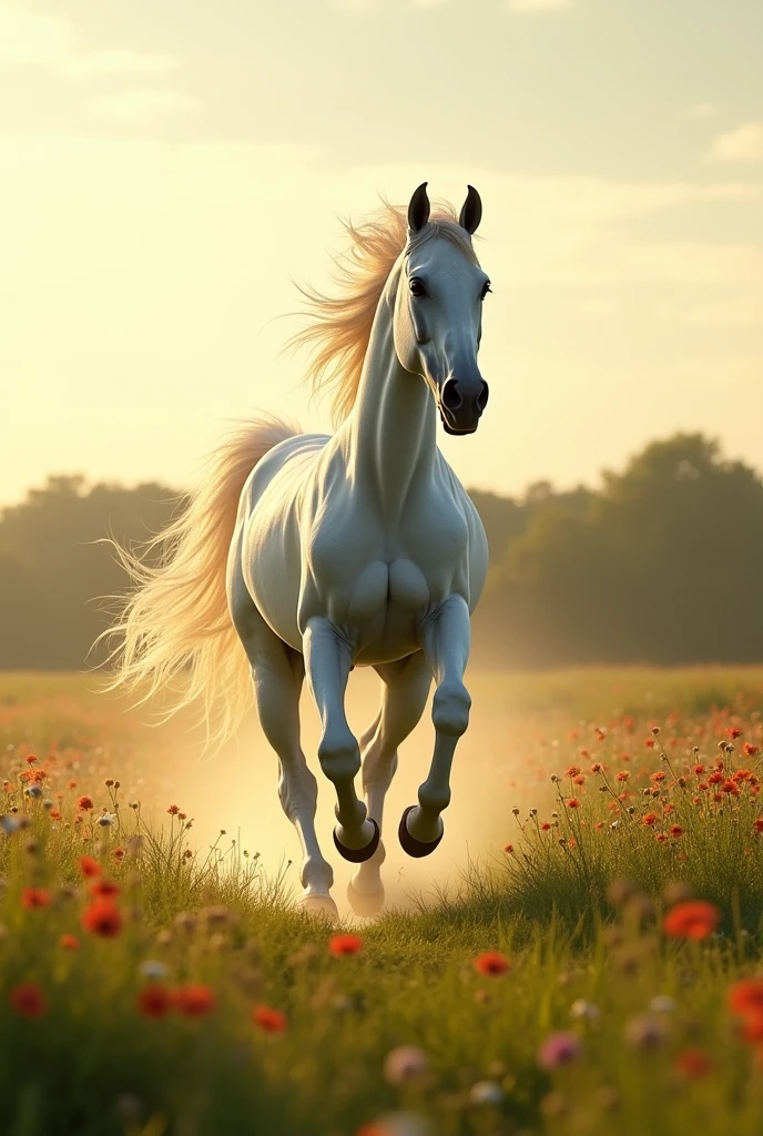 "Create a dynamic scene of a majestic white horse galloping through a sunlit meadow. The horse's mane flows gracefully in the wind, and its powerful muscles are highlighted as it runs. Capture the essence of freedom and beauty in this moment."