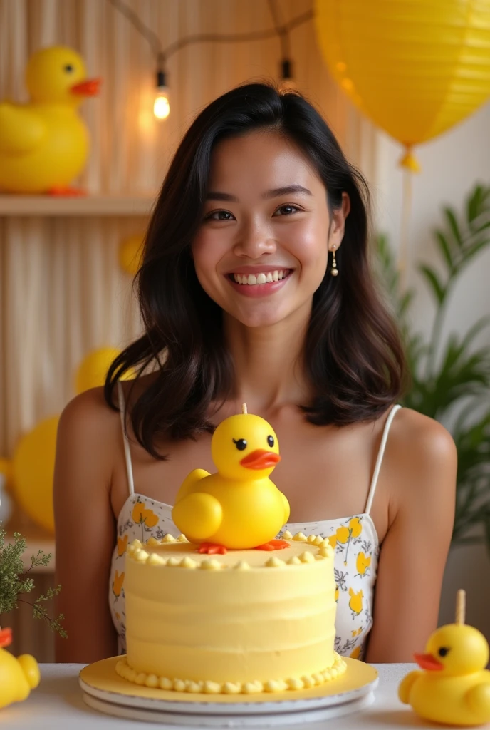 Design a cute duck birthday party for my girlfriend, She is white with black hair. It measures 1.64cm and weighs 59kg. It&#39;s a 22nd birthday party It&#39;s a birthday in an enclosed space