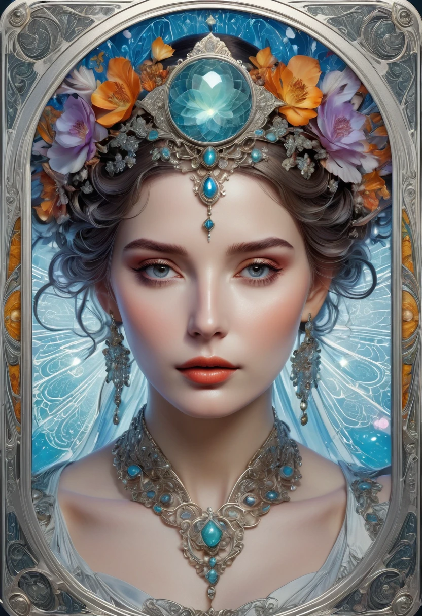 (masterpiece, best quality, 8K, high resolution, Practical, detailed), Tarot, Queen pattern, Silver card frame with gemstones, Fantasy Art, Fair, aesthetics, , Alphonse Mucha style,