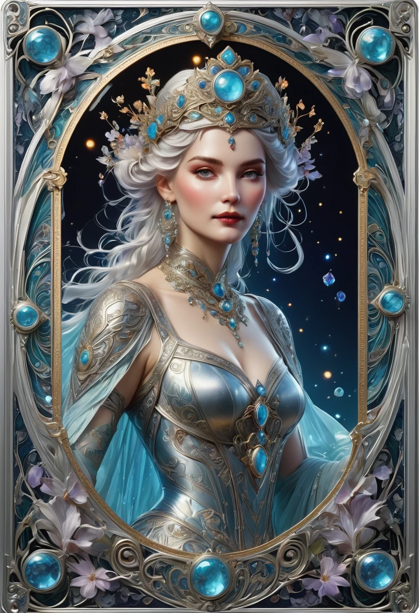 (masterpiece, best quality, 8K, high resolution, Practical, detailed), Tarot, Queen pattern, Silver card frame with gemstones, Fantasy Art, Fair, aesthetics, , Alphonse Mucha style,