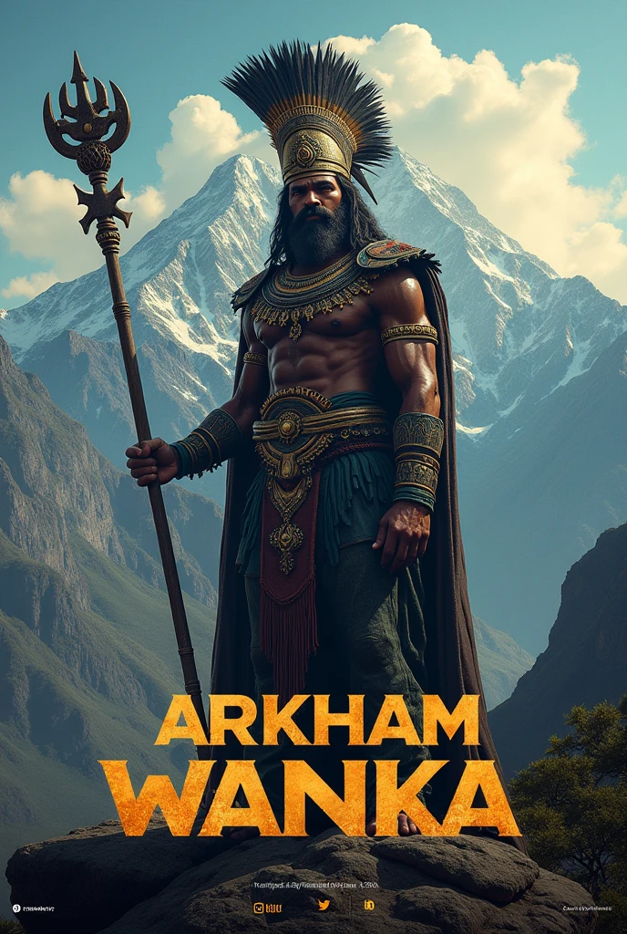 A cover photo for Facebook of a brand called Arkham Wanka with a theme of the mountains of Peru where in the background an Inca warrior god is shown and in front of it the name of the brand