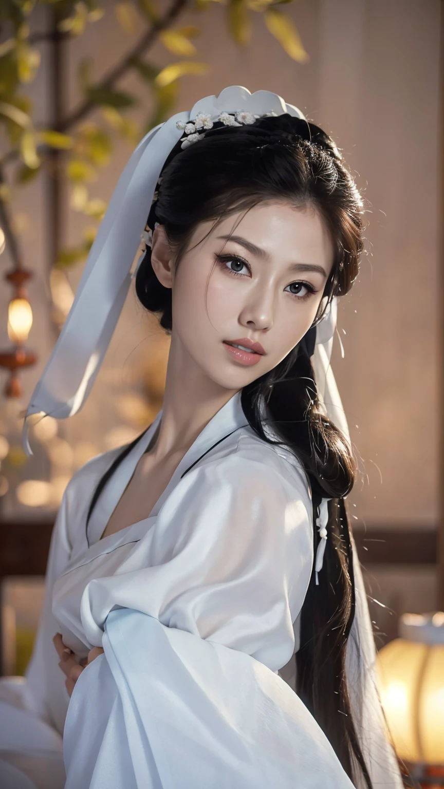 1 Fashion Model [[[[close up]]]], [[[[neck]]]], [[[[Shoulder]]]], (((Complete head)))，(((Complete hairstyle)))，Perfect eyes, Perfect Iris，Perfect lips，Perfect Teeth，Perfect skin，White skin，Soft headlights，High-density imaging，Black long hair，（Clean and delicate face），((White Hanfu))，((Half-length photo))，((night))，((Chinese Lanterns))，((Various dynamic poses))，((The background is the bedroom))，best quality，masterpiece，（Soft colors：1.2）
