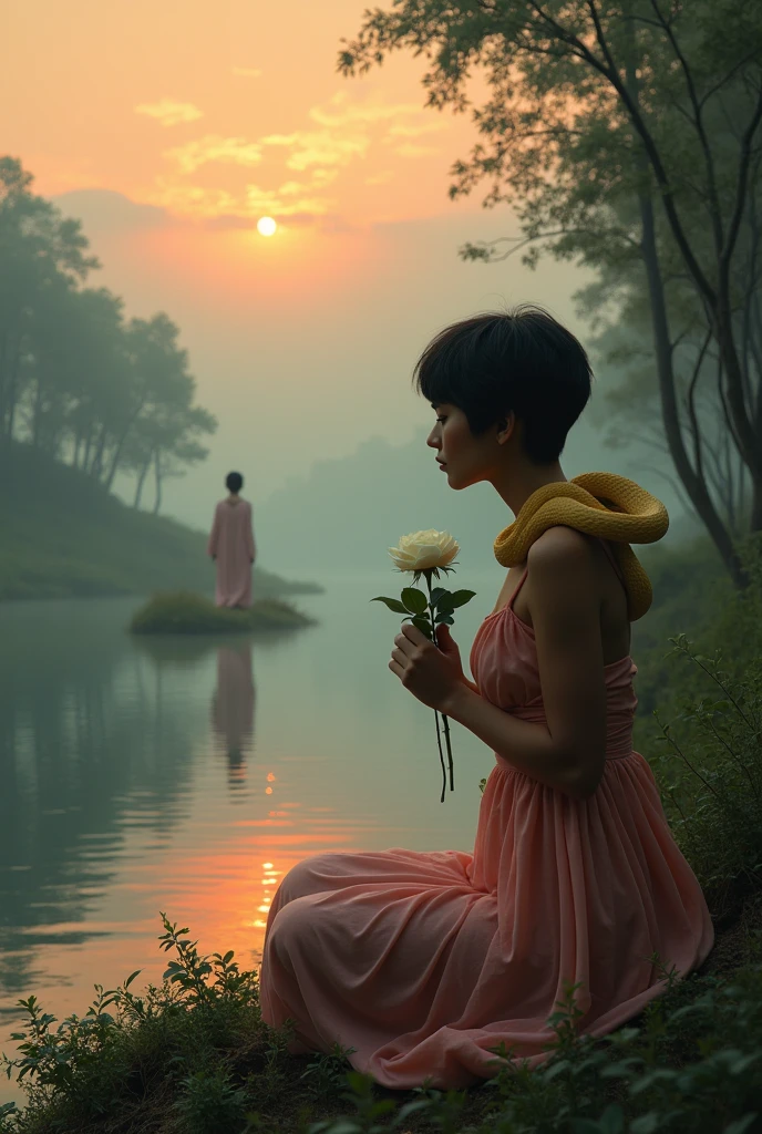 a transgender woman, white-skinned, Hispanic appearance, approximately 42 years, very short hair at nose level, little breast, light and light clothing, brooding, on his knees, near the source of a calm river, with a white rose in his hands next to his chest, without realizing that she is being watched by a beautiful divine feminine being, Black-skinned, long hair, with a humble crown, illuminated by a soft beam of light, pink flowing clothes, Pure appearance, innocent, in the middle of the virgin forest, at dusk, with reddish and yellow sky, under a thick and beautiful fog, with a beautiful, carefree yellow snake on his shoulders.