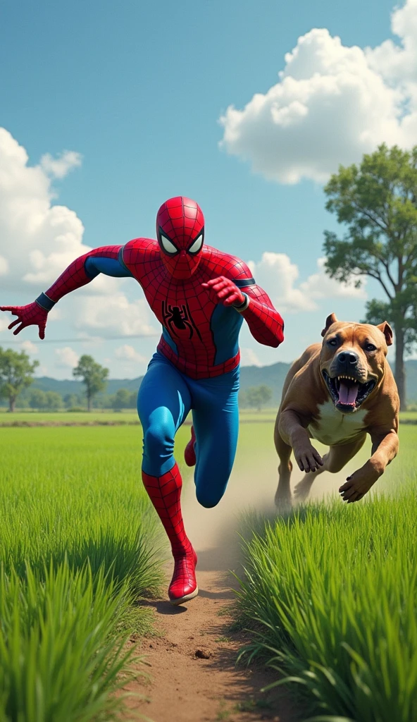 A highly realistic and comically exaggerated scene set near a rice field in a rural area. Spiderman, in his red and blue suit, is seen sprinting away in sheer panic, his arms and legs flailing wildly as he runs, terrified, from a determined Pitbull chasing him. The Pitbull is close behind, with its strong, muscular build and focused expression, adding to the humor of the situation. Spiderman’s exaggerated expression of fear, with wide eyes and a comical, open-mouthed scream, enhances the hilarity of the moment. The setting includes vibrant green rice paddies, a few scattered trees, and a clear blue sky, contrasting sharply with Spiderman's usual heroic demeanor. The scene captures the chaotic and funny moment perfectly. no blurring, no blurring, perfect fingers.