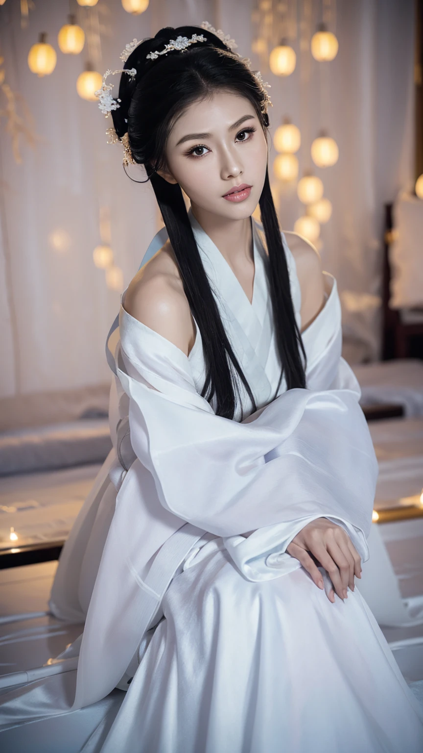 1 Fashion Model [[[[close up]]]], [[[[neck]]]], [[[[Shoulder]]]], (((Complete head)))，(((Complete hairstyle)))，Perfect eyes, Perfect Iris，Perfect lips，Perfect Teeth，Perfect skin，White skin，Soft headlights，High-density imaging，Black long hair，（Clean and delicate face），((White Hanfu))，((Half-length photo))，((night))，((Chinese Lanterns))，((Various dynamic poses))，((The background is the bedroom))，best quality，masterpiece，（Soft colors：1.2）