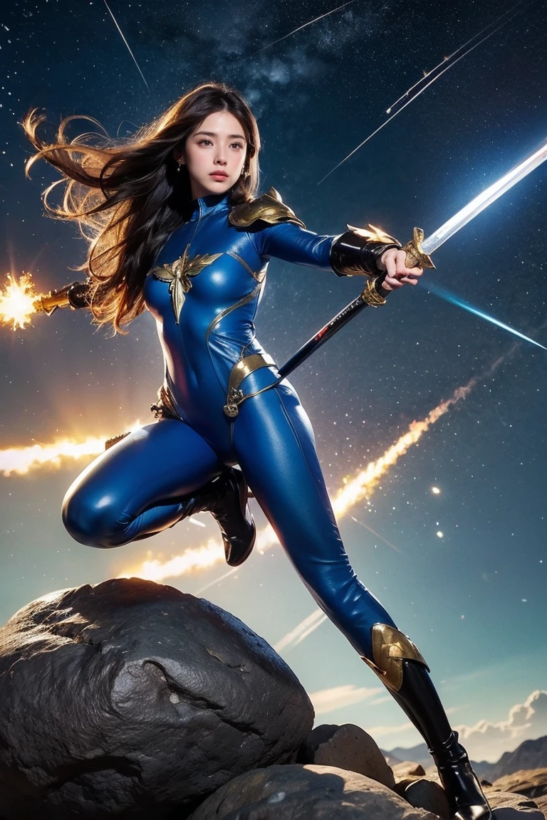 Highest quality, masterpiece, Realistic, High resolution, 8K RAW Photos, 1 person、Long Hair、goddess、Holding a decorated sword、Raise your sword、Glamour、(Blue bodysuit with light motif、Gold Edge)、pendant、Earrings、(Action pose)、(On a rock on a planet where you can see a meteor shower)、(Many stars floating in the starry sky）、shield、Attacking with a staff、戦闘goddess