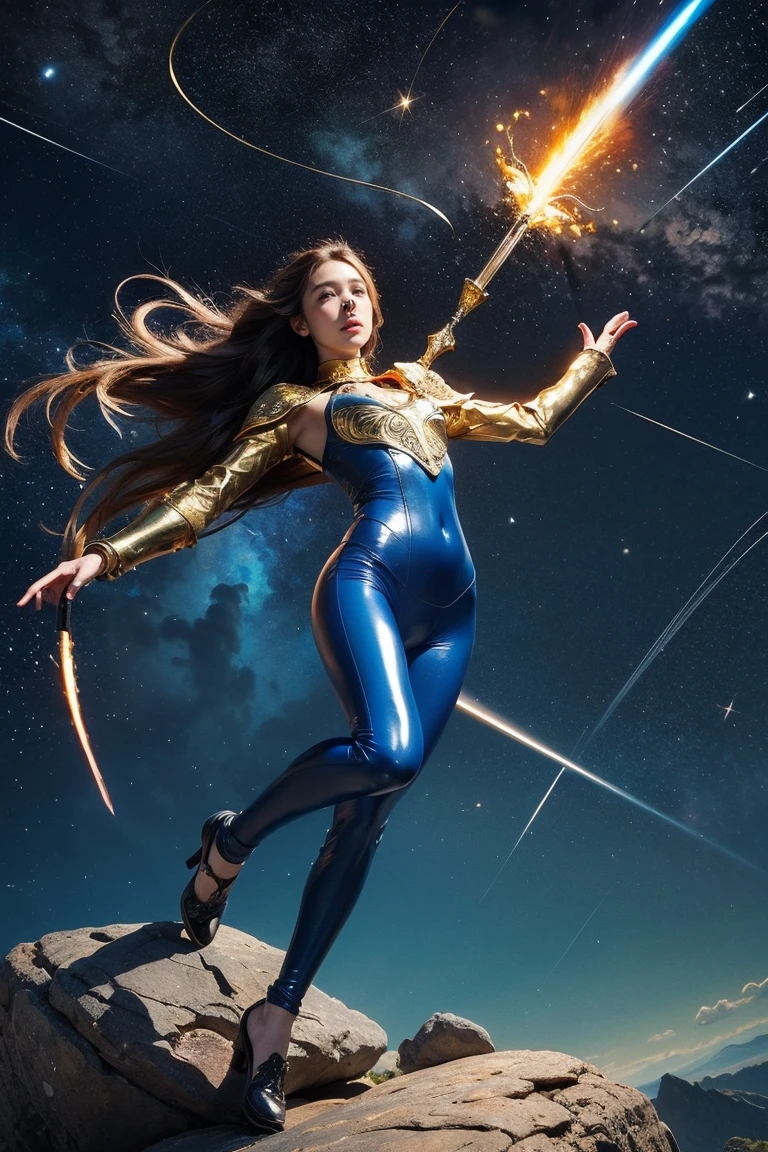 Highest quality, masterpiece, Realistic, High resolution, 8K RAW Photos, 1 person、Long Hair、goddess、Holding a decorated sword、Raise your sword、Glamour、(Blue bodysuit with light motif、Gold Edge)、pendant、Earrings、(Action pose)、(On a rock on a planet where you can see a meteor shower)、(Many stars floating in the starry sky）、shield、Attacking with a staff、戦闘goddess