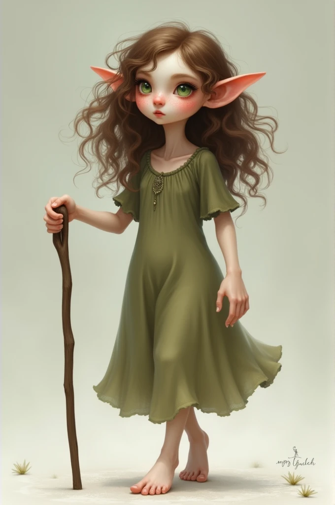 stomach 1.55 thin and flat, ears pointed downwards, Hip length curly fluffy brown hair, green eyes with slight dark circles under the eyes, very pale, rosy and freckled, She wears a khaki ankle-length nightgown with half sleeves, She usually walks barefoot, He carries with him a 1-meter cane..65 light but very resistant
