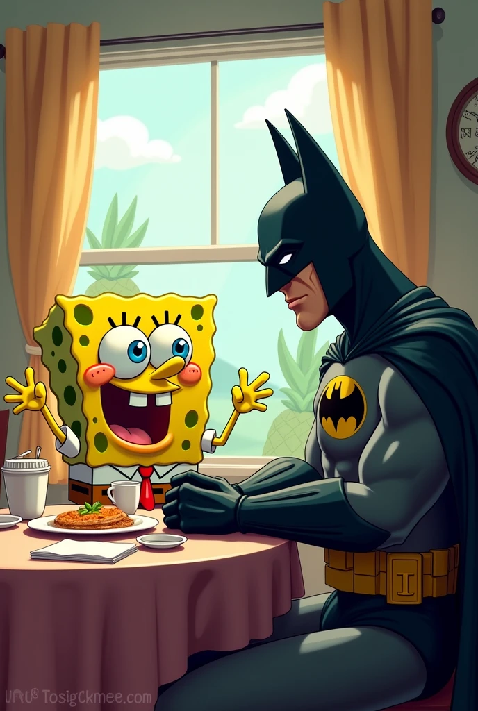 Batman having breakfast with spongebob