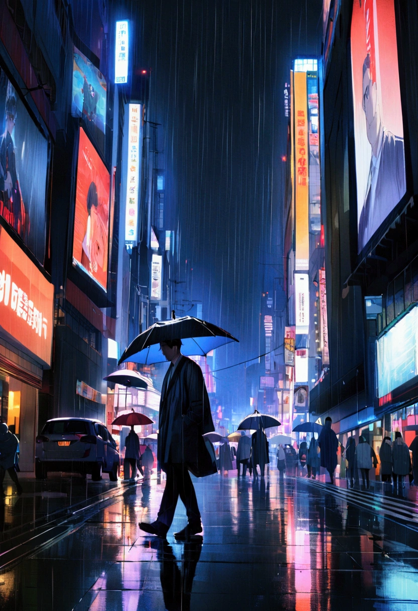 A man is walking in the rain at night in Shibuya. The city is very well lit at night with large screens with advertisements on the buildings and cars passing by.. The image is showing the man from the side with his face in evidence.. He is serious. 
