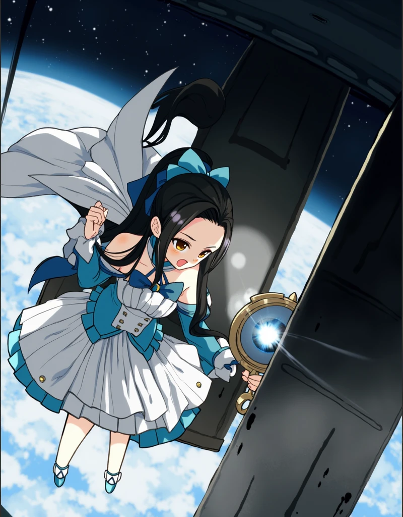 anime girl in a blue dress holding a mirror in her hand floating in space with stars, (ponytail forehead hair pulled back:1.3), (black hair:1.3), 1girl, solo, long hair, open mouth, black hair, dress, bow, holding, bare shoulders, brown eyes, ponytail, hair bow, frills, detached sleeves, sky, shoes, cape, white dress, blue bow, forehead, blue footwear, space, planet, earth \(planet\), anime style, from girls frontline, fine details. girls frontline, girls frontline universe, girls frontline style, girls frontline, girls frontline cg, soft anime illustration, 2 0 2 2 anime style, 2022 anime style, pixiv contest winner, pretty anime character design, render of april