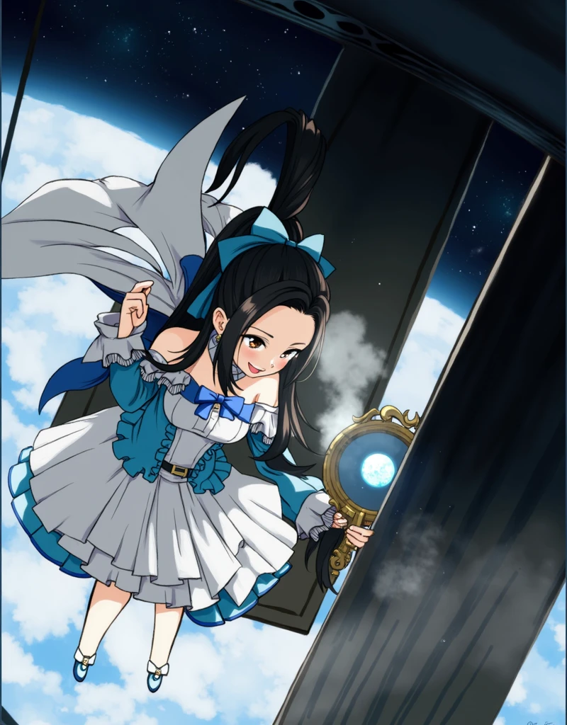 anime girl in a blue dress holding a mirror in her hand floating in space with stars, (ponytail forehead hair pulled back:1.3), (black hair:1.3), 1girl, solo, long hair, open mouth, black hair, dress, bow, holding, bare shoulders, brown eyes, ponytail, hair bow, frills, detached sleeves, sky, shoes, cape, white dress, blue bow, forehead, blue footwear, space, planet, earth \(planet\), anime style, from girls frontline, fine details. girls frontline, girls frontline universe, girls frontline style, girls frontline, girls frontline cg, soft anime illustration, 2 0 2 2 anime style, 2022 anime style, pixiv contest winner, pretty anime character design, render of april