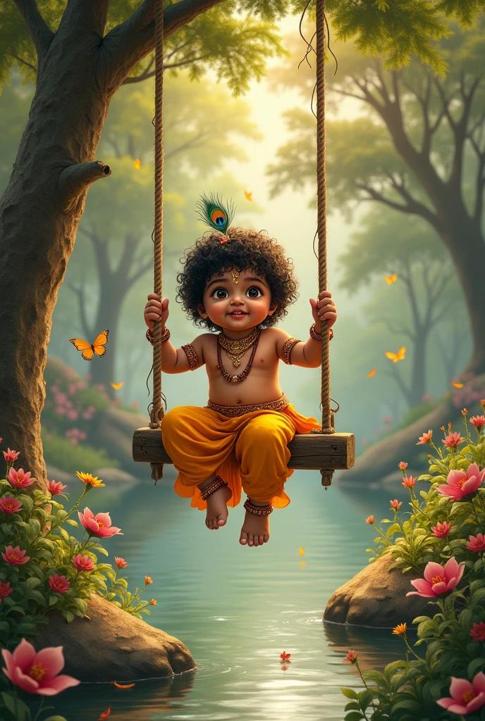 Childhood cute Photo of Krishna ji swinging on a swing. More