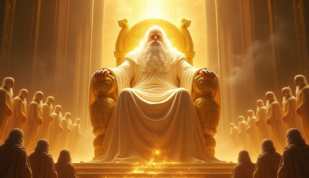 Generate images of God who is gigantic, vast, with long white, in a white robe of His firary golden Thrown of light. Cover his face with White light and put him on a large firy gold throne surrounded by 24 elders and angel of Cherubim having 6wings, two wings to covering their feet, two wings to cover their face, and two to fly and Seraphim having 6 wings, and four faces, the face of a man, an eagle, an Bull and a Lion. They are around God's thrown. God is vast, 32K UHD, Style Raw, detailed, masterpiece, realistic, your golden sign written "king of kings , Lord of Lords " Its resplendent light capable of blinding any vision, God doesn't have wings.other thrones with ancient beings on them