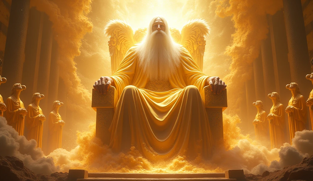 Generate images of God who is gigantic, vast, with long white, in a white robe of His firary golden Thrown of light. Cover his face with White light and put him on a large firy gold throne surrounded by 24 elders and angel of Cherubim having 6wings, two wings to covering their feet, two wings to cover their face, and two to fly and Seraphim having 6 wings, and four faces, the face of a man, an eagle, an Bull and a Lion. They are around God's thrown. God is vast, 32K UHD, Style Raw, detailed, masterpiece, realistic, your golden sign written "king of kings , Lord of Lords " Its resplendent light capable of blinding any vision, God doesn't have wings.other thrones with ancient beings on them