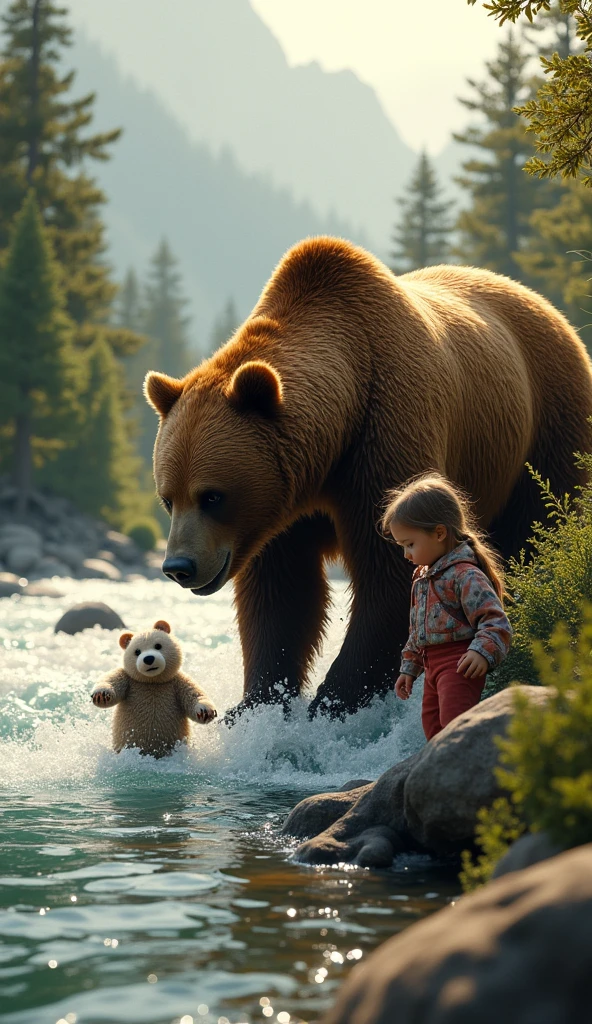 a large brown bear catching fish in a river, a young girl watching the bear family, beautiful detailed eyes, beautiful detailed lips, extremely detailed eyes and face, long eyelashes, realistic, photorealistic, photo-realistic:1.37, best quality,4k,8k,highres,masterpiece:1.2,ultra-detailed, realistic wildlife, beautiful landscape, intricate details, warm lighting, vibrant colors, cinematic composition