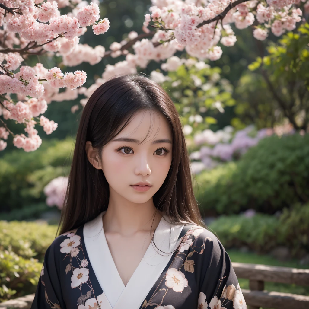 a beautiful young japanese woman, standing in a japanese garden, long dark black hair, 20 years old, (best quality,4k,8k,highres,masterpiece:1.2),ultra-detailed,(realistic,photorealistic,photo-realistic:1.37),detailed facial features, beautiful eyes, elegant pose, serene expression, detailed kimono with intricate patterns, natural setting, lush greenery, sakura petals, warm lighting, cinematic composition