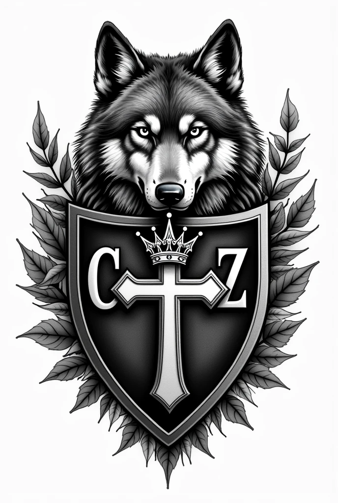 Create a black and white tattoo with a shield emblem with the letters Cruz and a Cross with a crown, the pet that is a wolf
