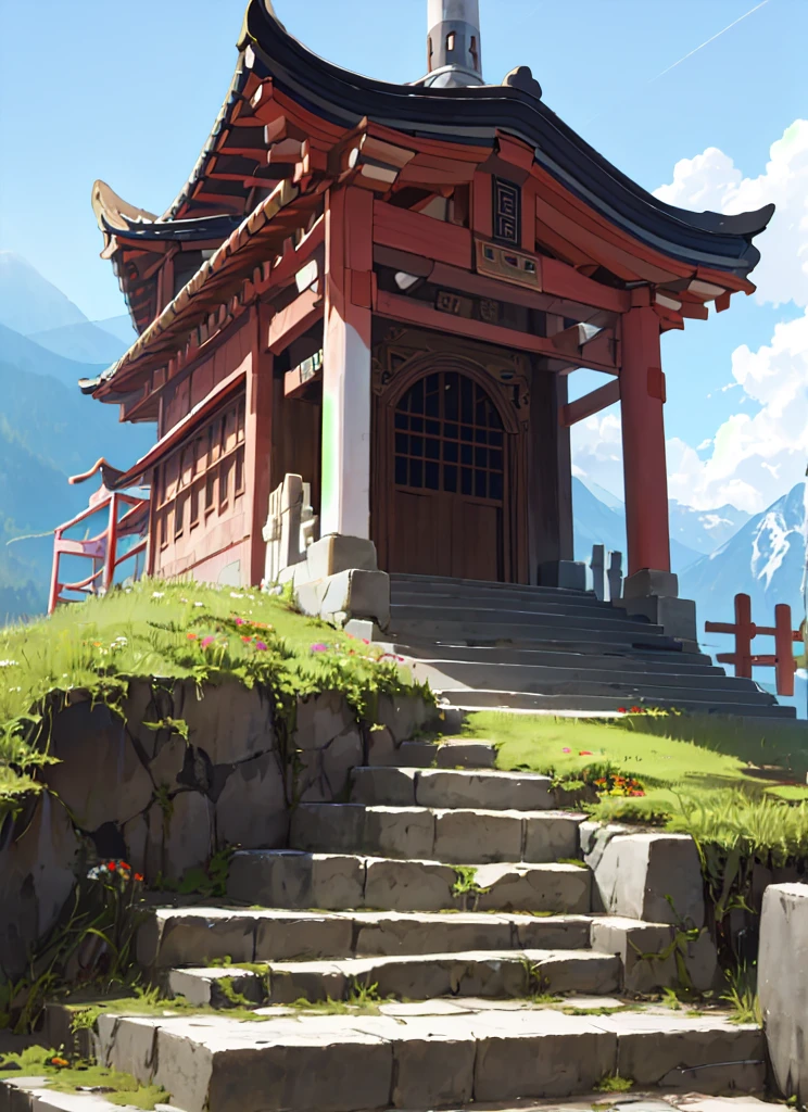 dionadef, upper body, smile, blush, outdoors, day, simple background, blue sky, short hair, sky, temple, looking at viewer, stairs, mountain, moody lighting,