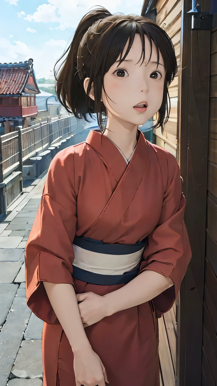(masterpiece:1.4)、(Highest quality:1.4)、(High resolution:1.4)、Chihiro Ogino、ponytail、Unite Form、Red kimono、Old inn、rooftop、Looking up at the sky、Cloudy、colorful、High contrast