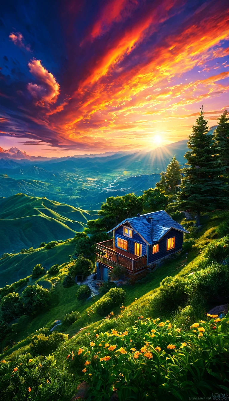 summer sky,photorrealistic,highly realistic,extremely details,stunningly lifelike,high contrast realism,high saturation realism,swirly vibrant colors,dramatic lighting,captivating landscape,compelling narrative,atmospheric scene,Mesmerizing visuals,details Intricate,strong emotions,beleza celestial,dream world,house on the mountain,sunrise, TREES!