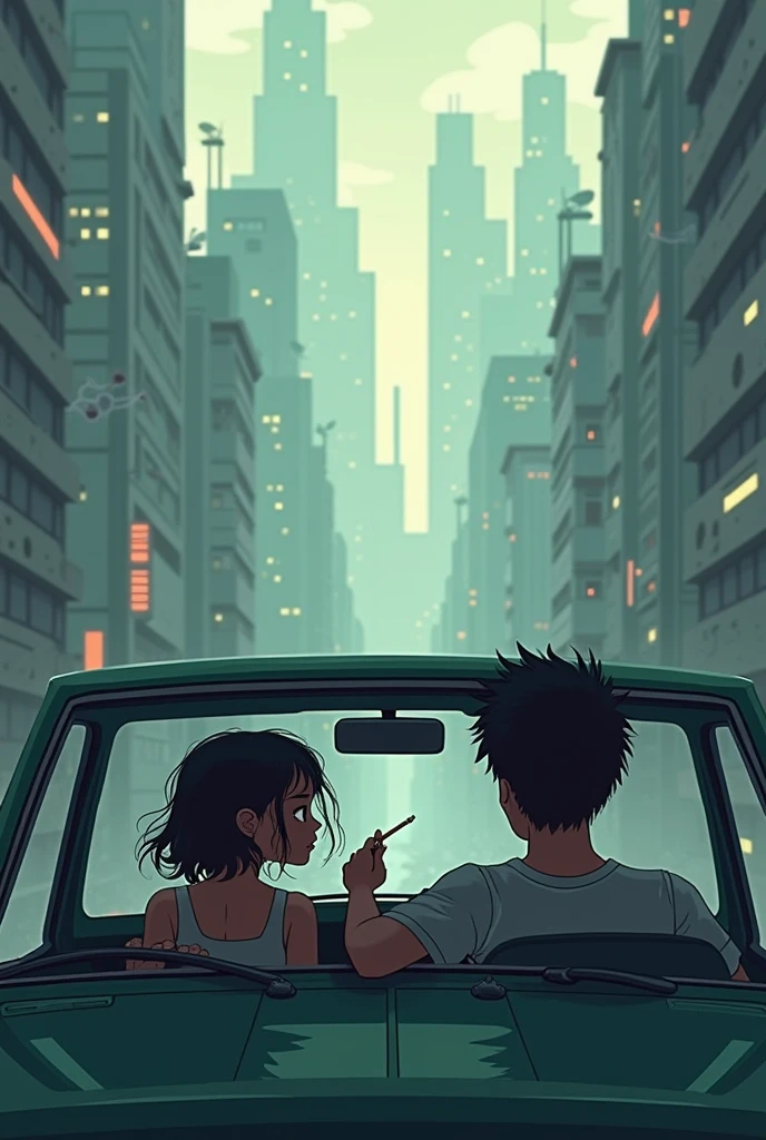 Create an image of a girl with a boy in a car smoking in the pixelated city