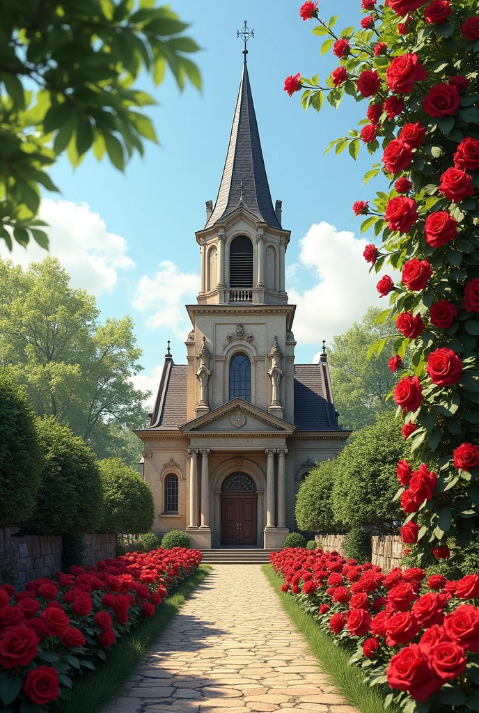 Church surrounded by red roses on a spring day