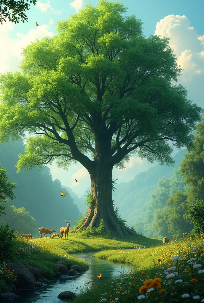 Describe a vivid scene where a majestic green tree stands at the center of a serene forest glade. Focus on the details of the tree's appearance, the surrounding environment, and the overall atmosphere of the glade. Consider how the light interacts with the leaves, the sounds of the forest, and any wildlife that might be present.