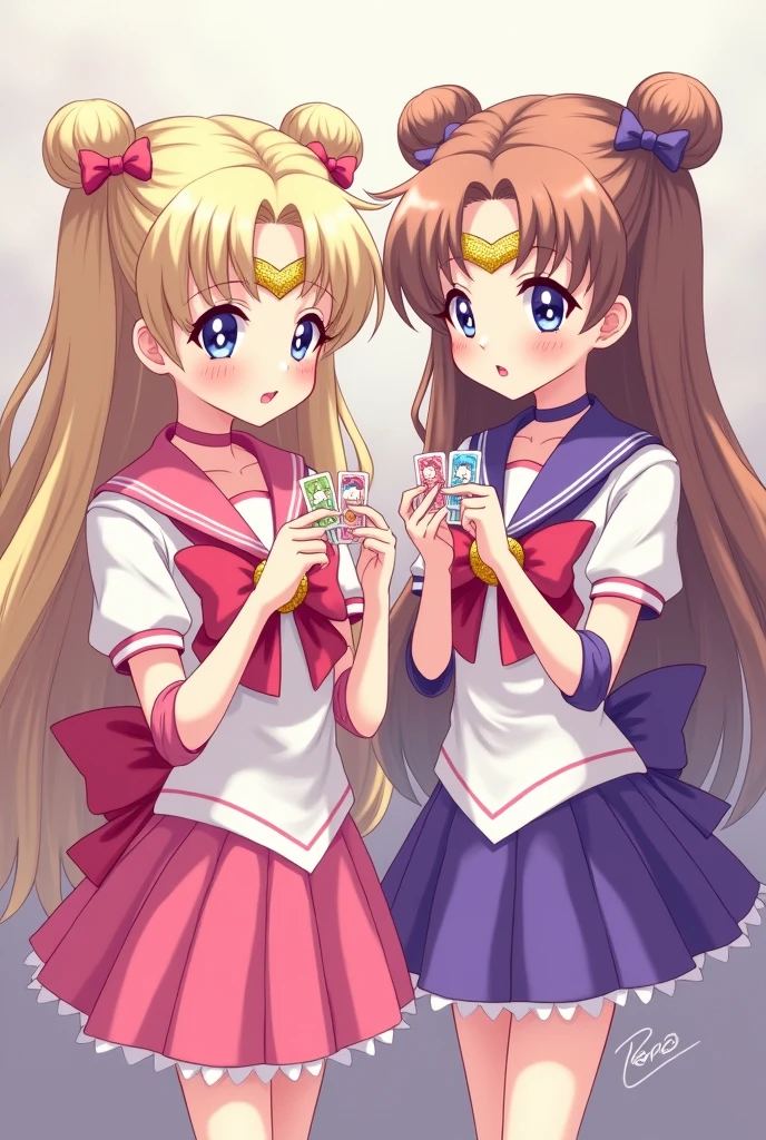 A girl dressed in pink and another girl at her side dressed in purple and both with clothes representative of Sailor Moon and in their hands you have chibi version clow cards