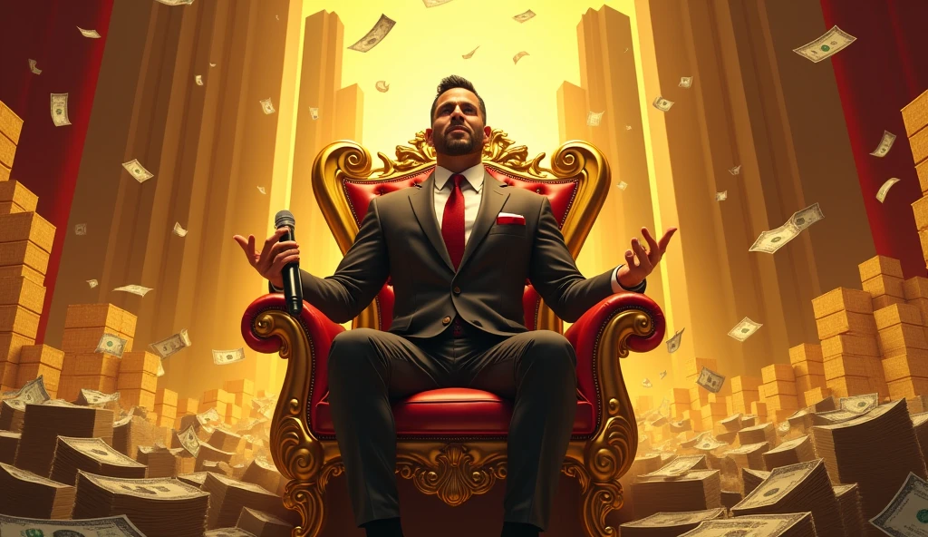 Depict a confident, larger-than-life figure, dressed in an expensive suit, with a charismatic smile, standing in front of a grand golden throne. Surrounding him are stacks of dollar bills, representing wealth and power. In the background, a golden skyline with skyscrapers symbolizes dominance. The scene should convey an air of self-assuredness and authority, with the central figure holding a microphone, as if addressing an audience. The colors should be vibrant, with golds and reds dominating the palette to reflect wealth and confidence.