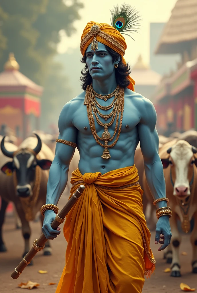 (photorealism:1.2), indian man, handsome , wearing yellow fancy dhoti, standing like indian god krishna, fluet in hand, zari ki pagdi on head with mor pankh,
Cow in background, realistic, light blue shade on full body, celebration